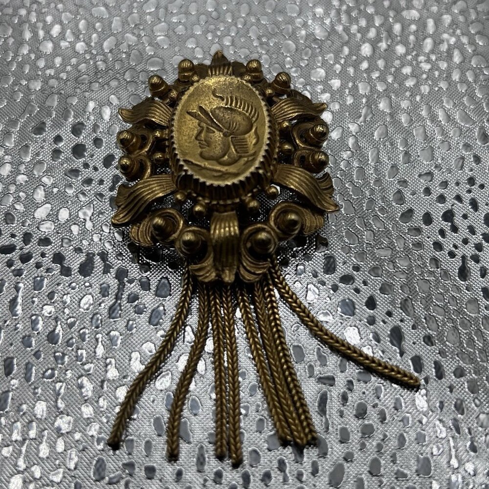Florenza Roman Soldier Cameo Intaglio Tassel Signed Brooch Pin Vintage Gold TOne